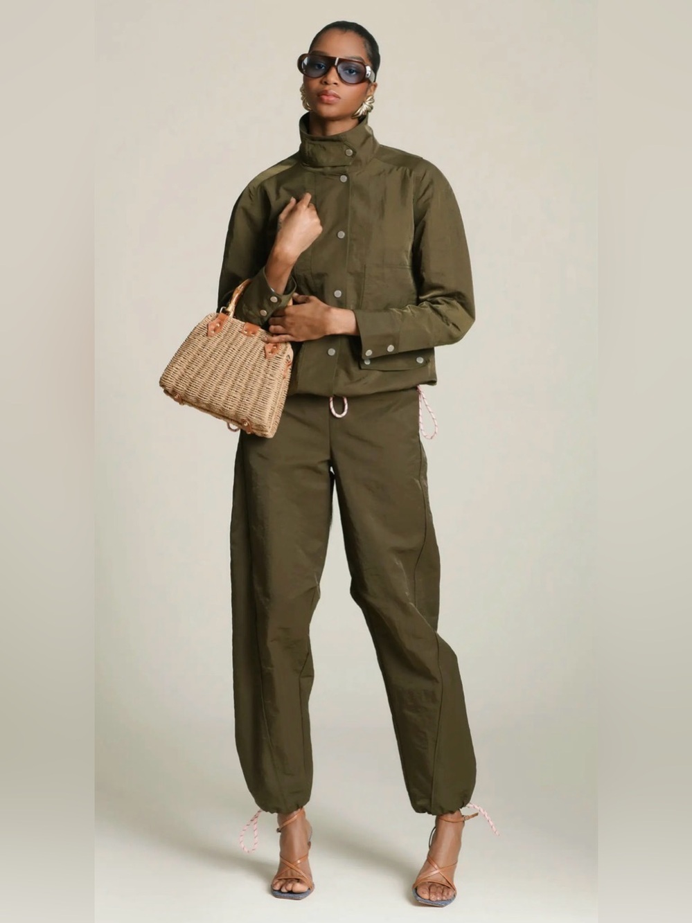 Avec Les Filles Drawstring Paracord Olive Green Barrel Nylon Pants Size Large